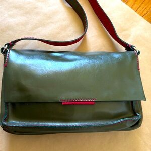 Francesco Biasia Army Green Deep Red Leather N Suede Shoulder Bag MINT condition